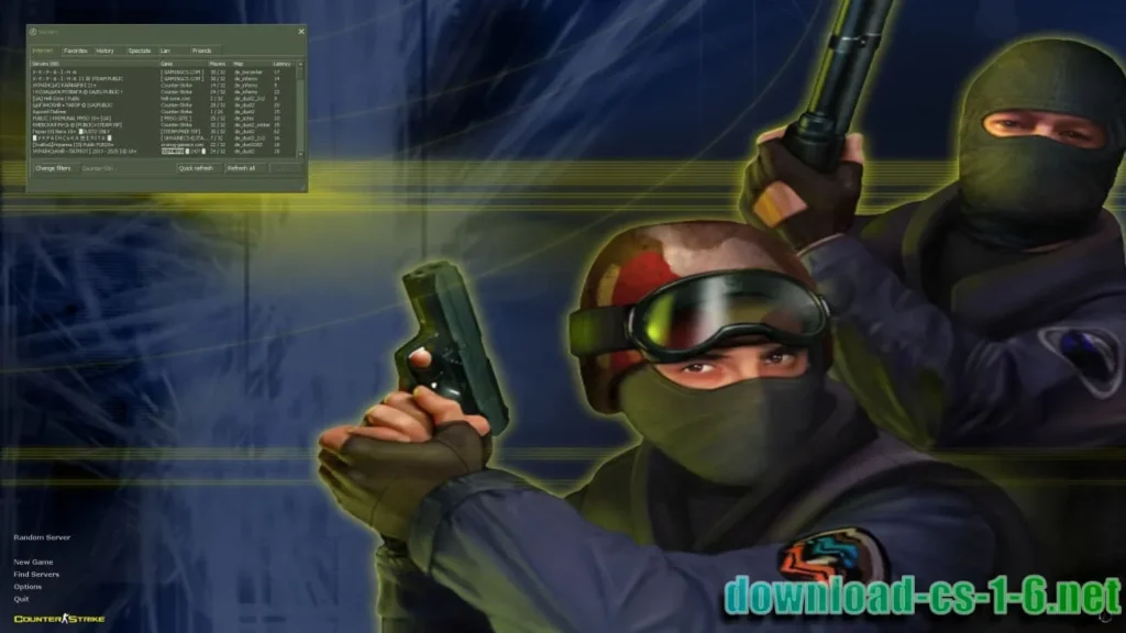 CS 1.6 Original server browser menu with online servers list
