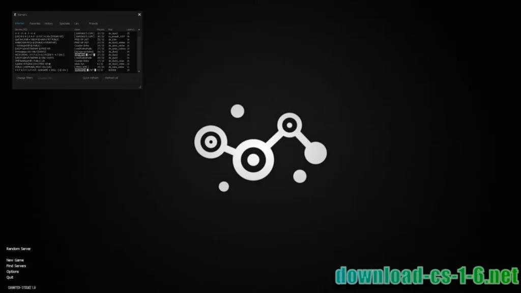 CS 1.6 Steam server browser showing online multiplayer servers